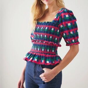 Printfresh Multicolor Plaid Smocked Peplum Top — Pink, Blue, Green, White